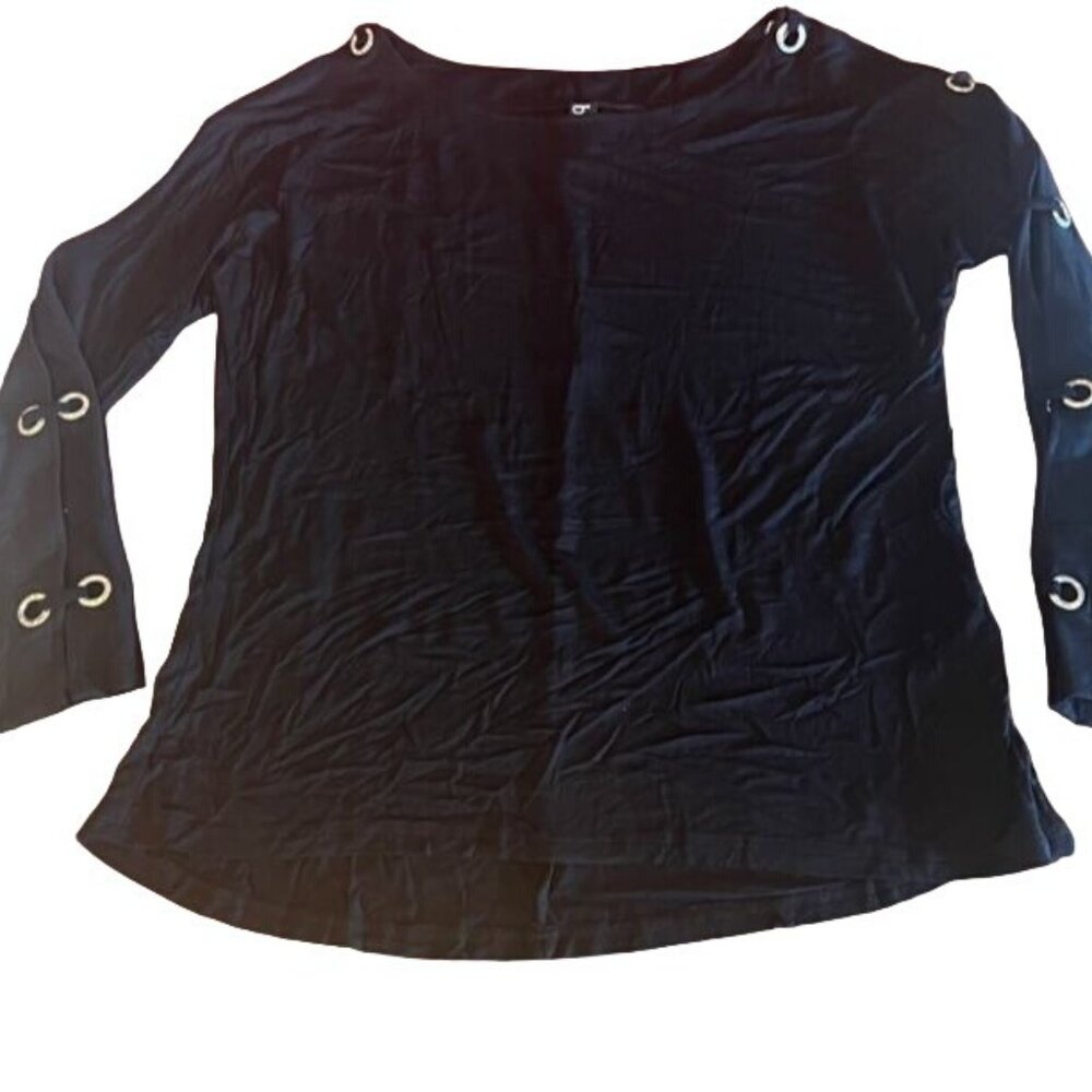 Berek Women's Black Boatneck Cold Shoulder Top rhinestone Grommet Long Sleeve